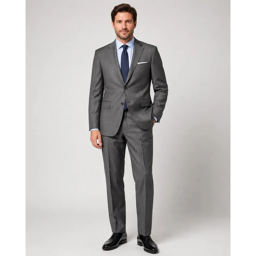 Mantoni Mens 2 Piece Suit 46R 40W Charcoal Grey Pinstripe 100% Virgin Wool NWT